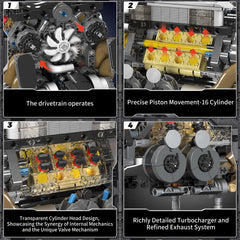 Mould King W16 engine model runs with motor drive and visible motion