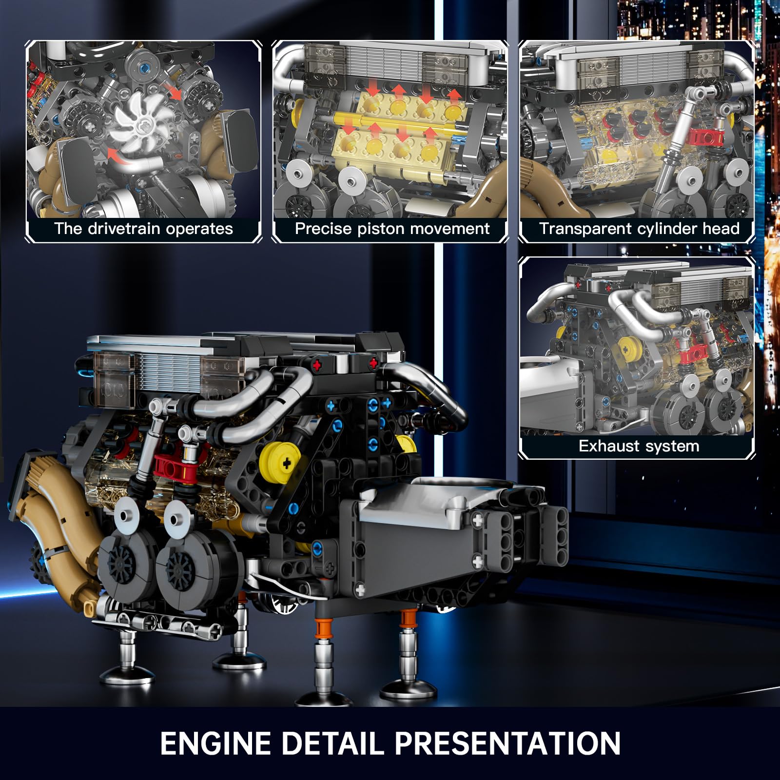 Mould King W16 engine piston motion demonstrates synchronized movement for hands-on learning.
