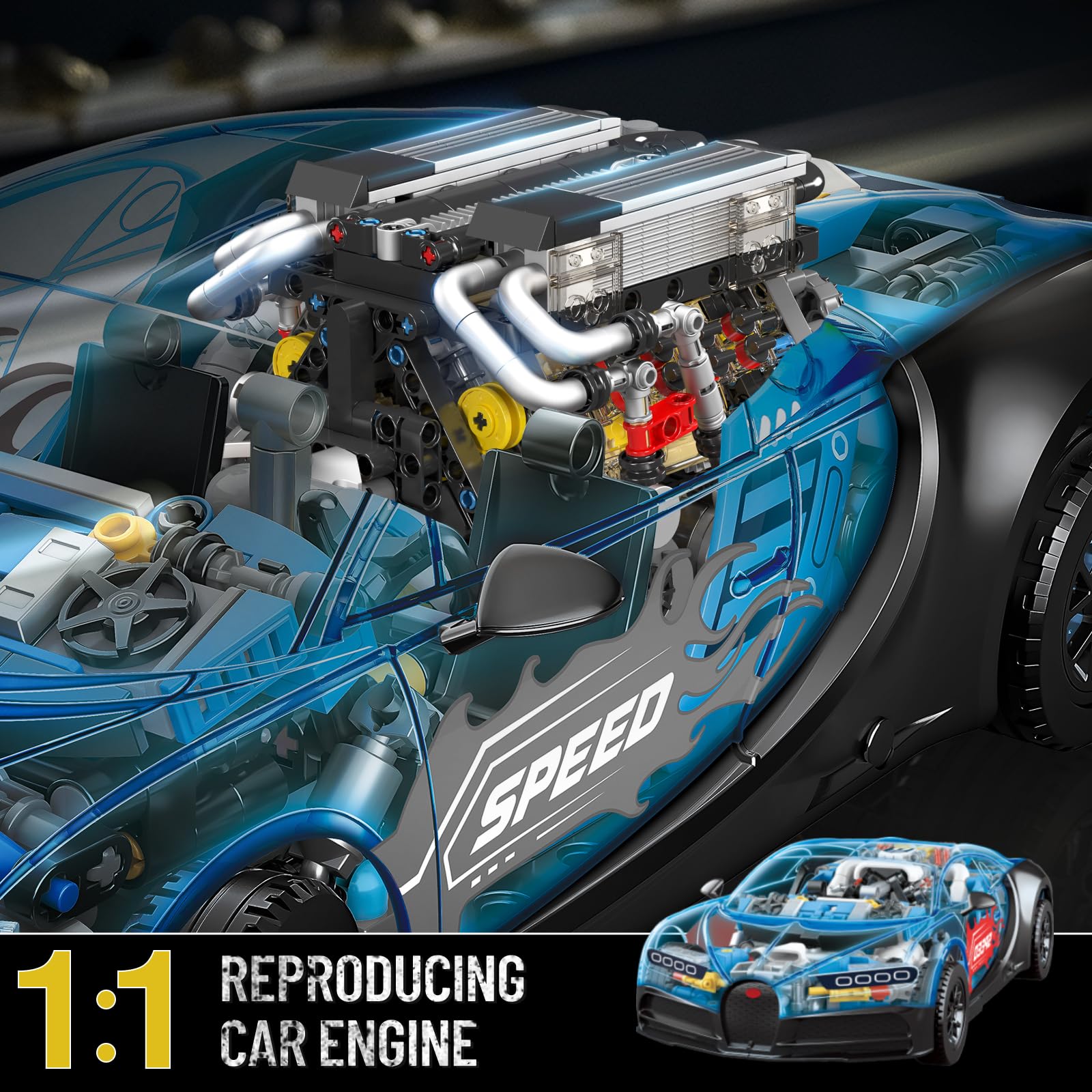 Mould King W16 engine turbocharger detail highlights four turbo units