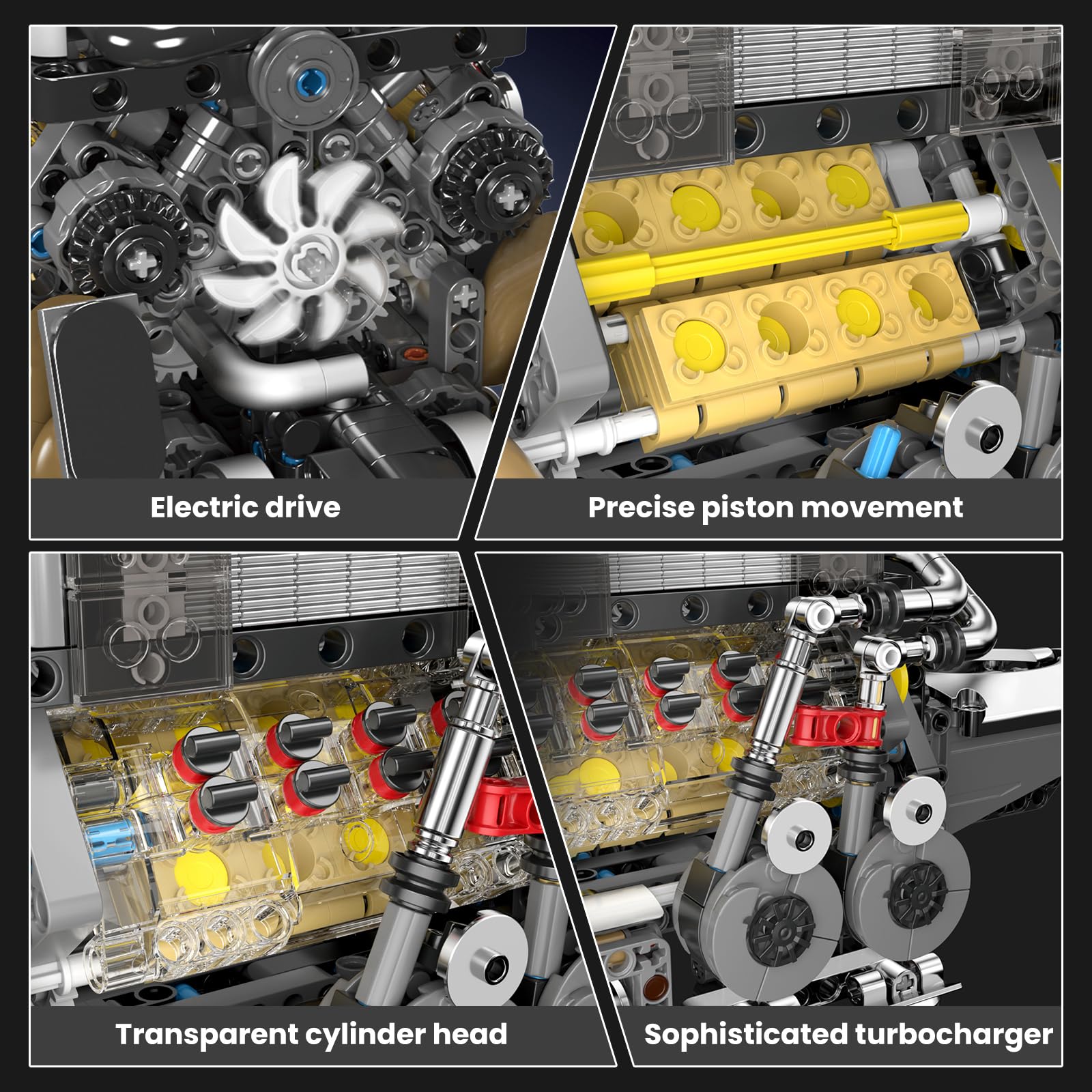 Mould King W16 engine valve, turbocharger, and exhaust details