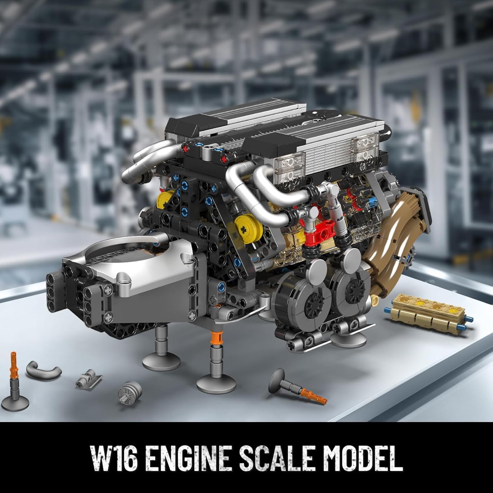 Mould King W16 piston motion detail shows internal engine dynamics