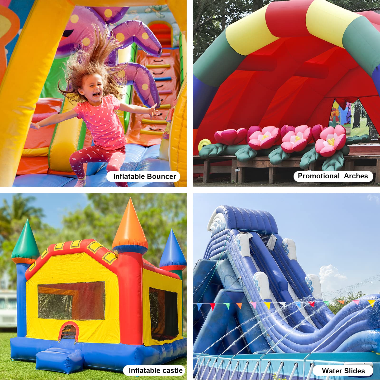 MOUNTO 1HP blower in commercial inflatables setup for reliability.
