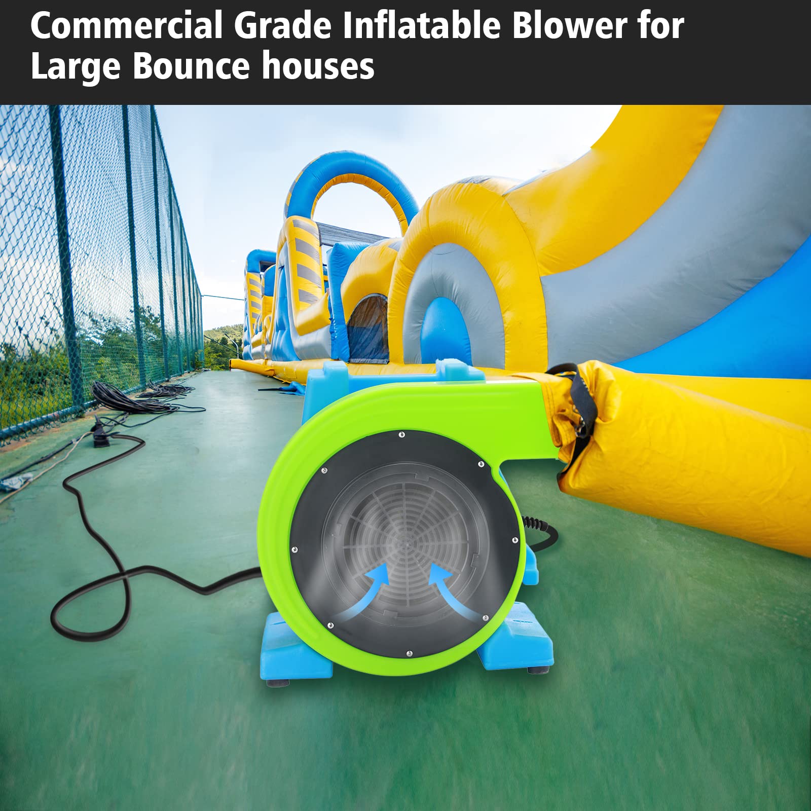 MOUNTO 1HP blower suitable for water slides and obstacle courses.