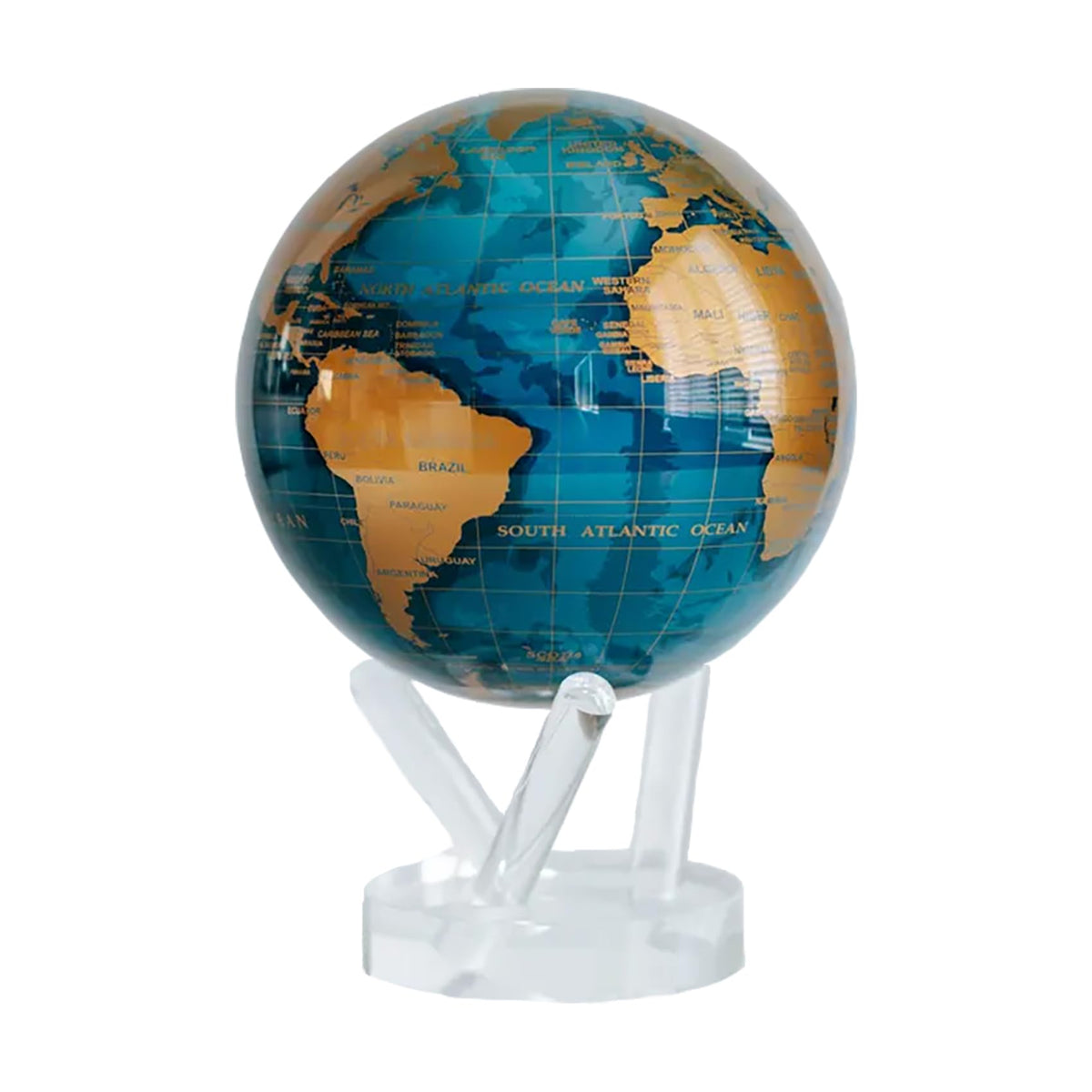 MOVA blue and gold globe on a desk stand in a modern office