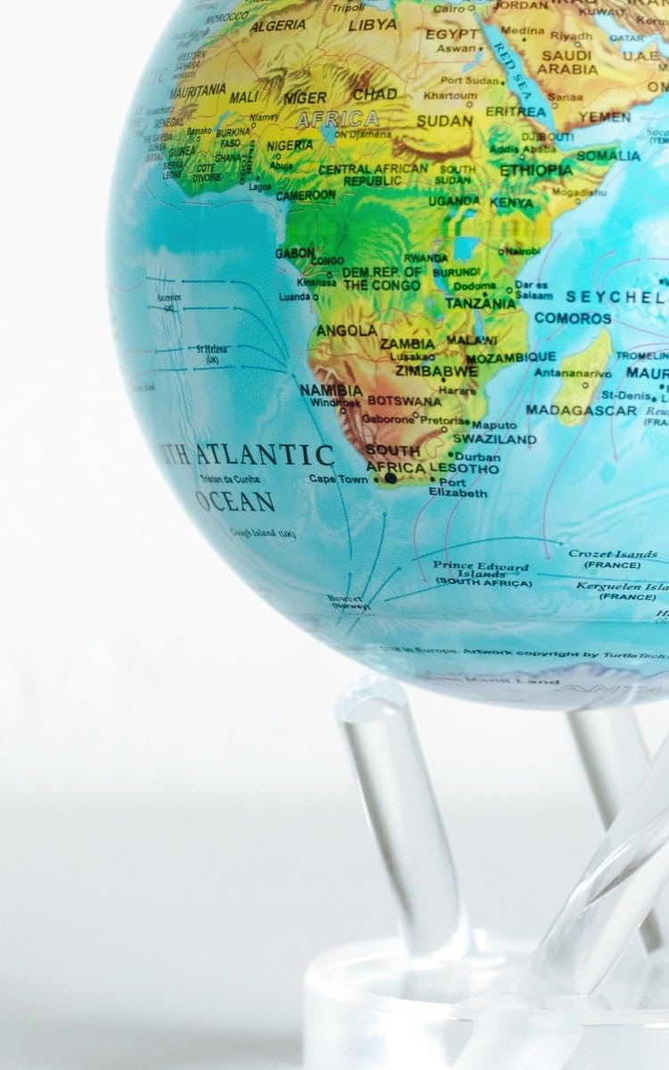 MOVA Globe blue relief map ambient-light rotation, ideal workspace accent.