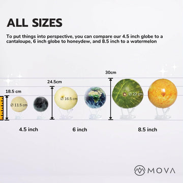 MOVA Globe blue relief map base detail, sturdy stand for shelves.
