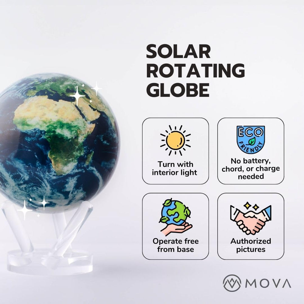 MOVA Globe dual-layer acrylic shell showcases lifelike earth imagery for relaxed viewing.