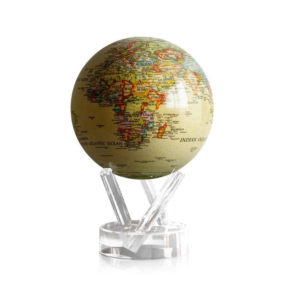 MOVA Globe Yellow 4.5-inch floating globe under ambient light, self-rotating