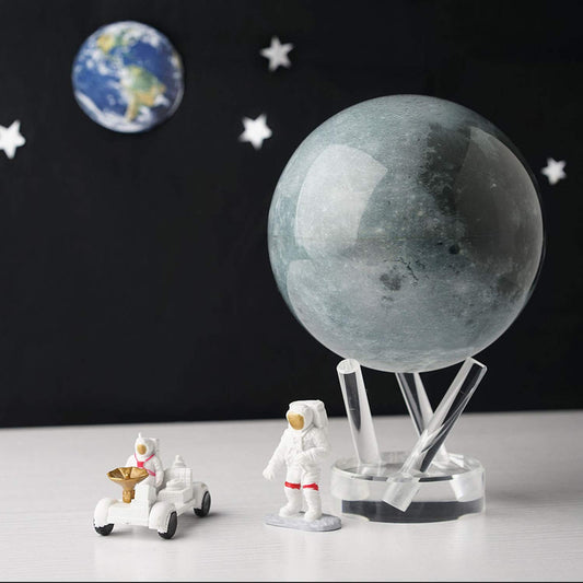 MOVA Moon Globe 6-inch ambient-light motion showcases quiet office rotation.