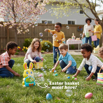 Batteries included with Move2Play bunny bubble blower for quick setup