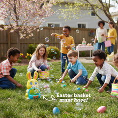 Batteries included with Move2Play bunny bubble blower for quick setup