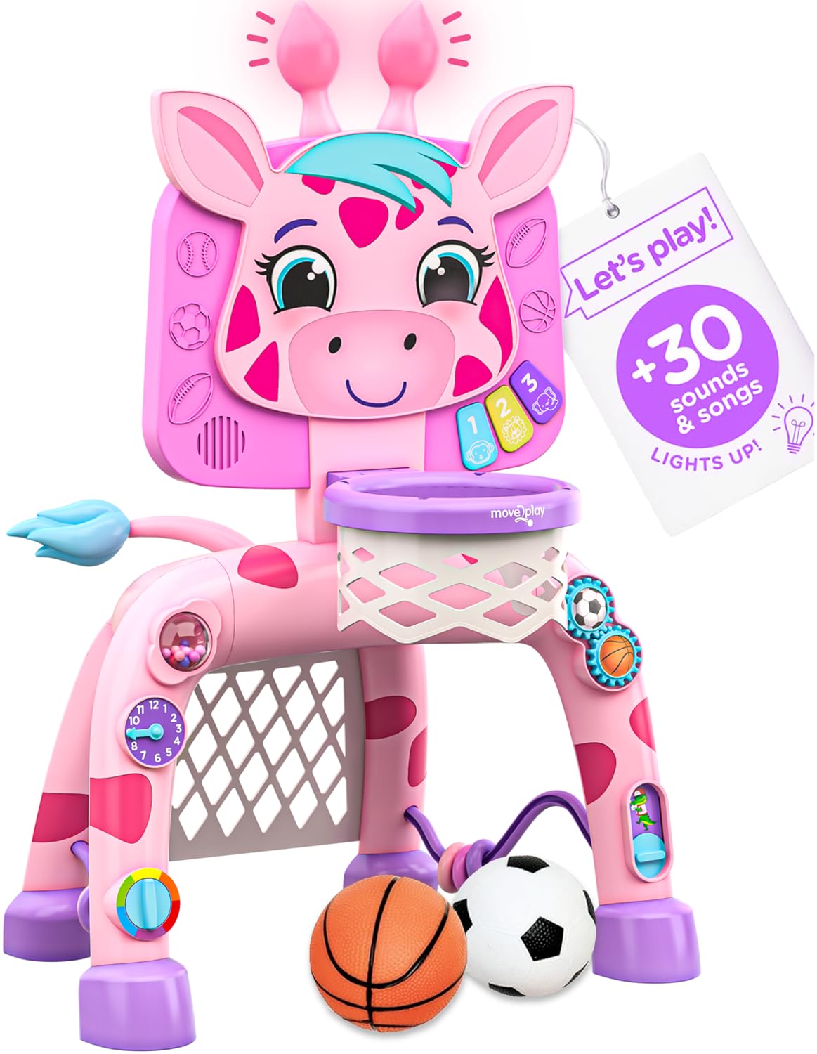Move2Play giraffe basketball hoop for kids, ideal for active play and pretend games.