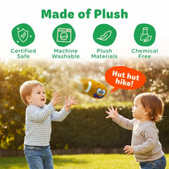 Move2Play soft plush recycled-bottles material offers safe, machine-washable indoor use.