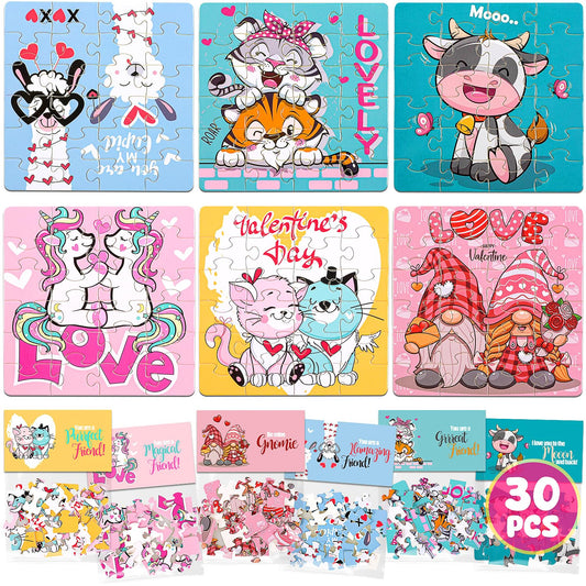 MOVINPE Valentine puzzle header 1 with cheerful characters for classroom gift exchanges.