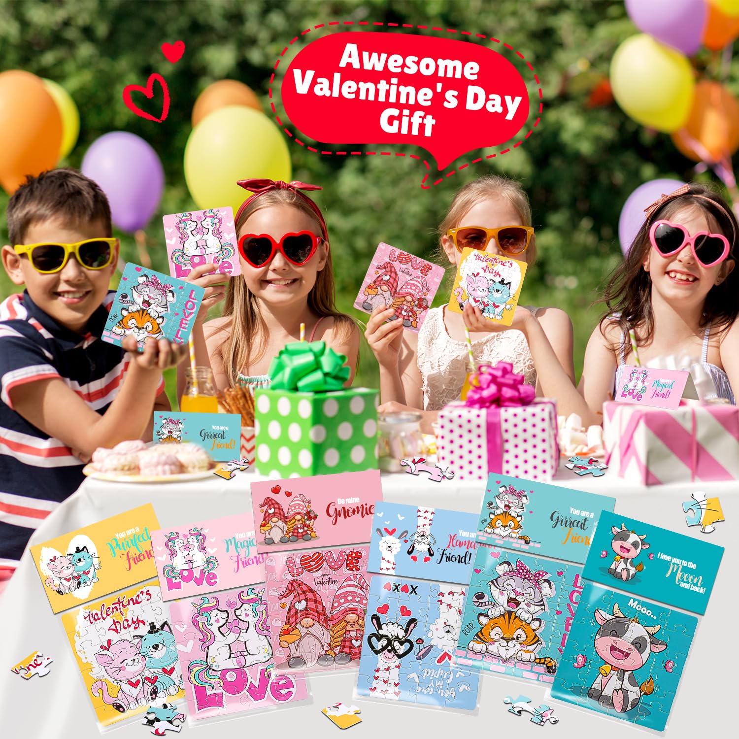 MOVINPE Valentines puzzle set bulk display showing 30-piece gifts.