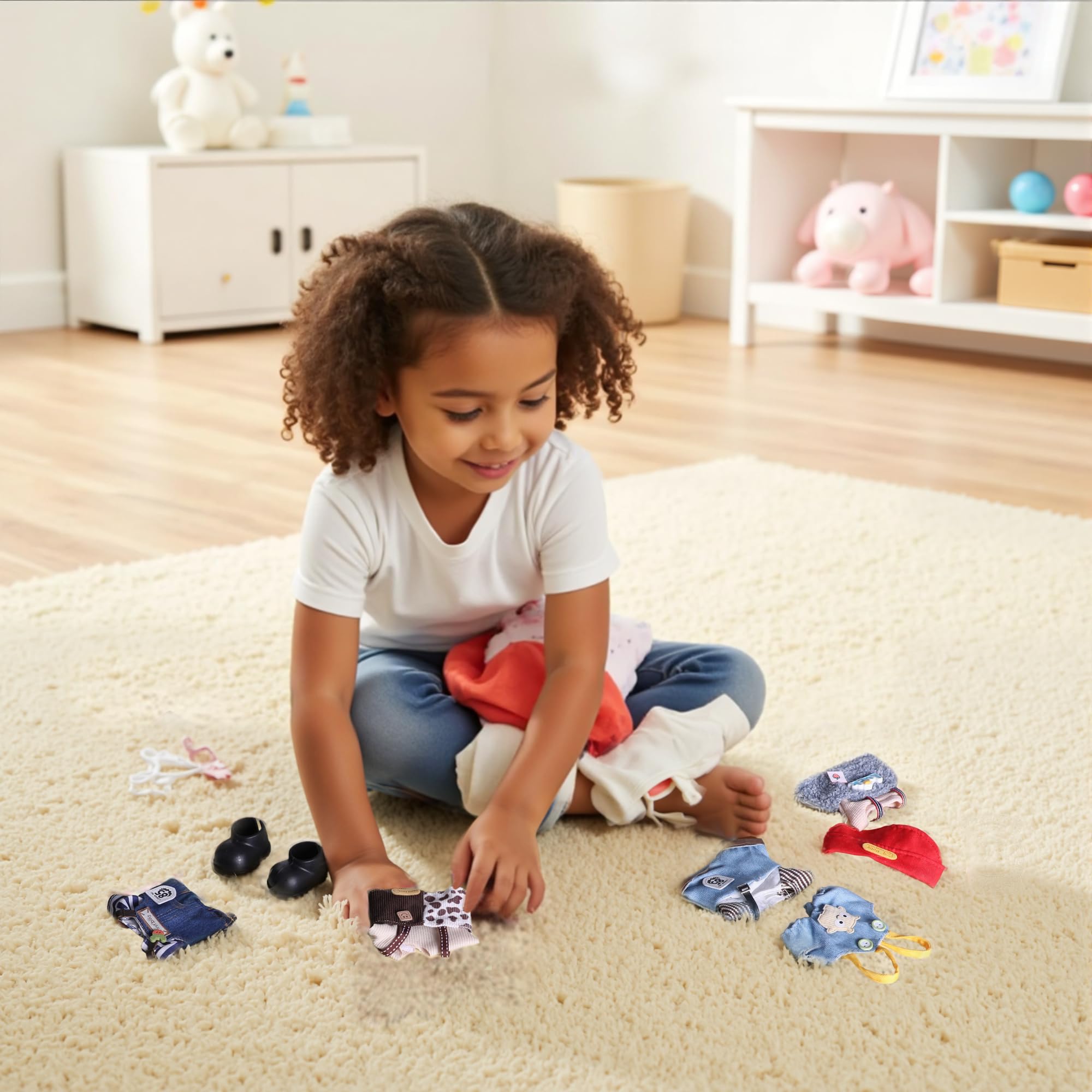 MOVOLIVI bib overalls and shoes complete a ready-to-wear doll outfit