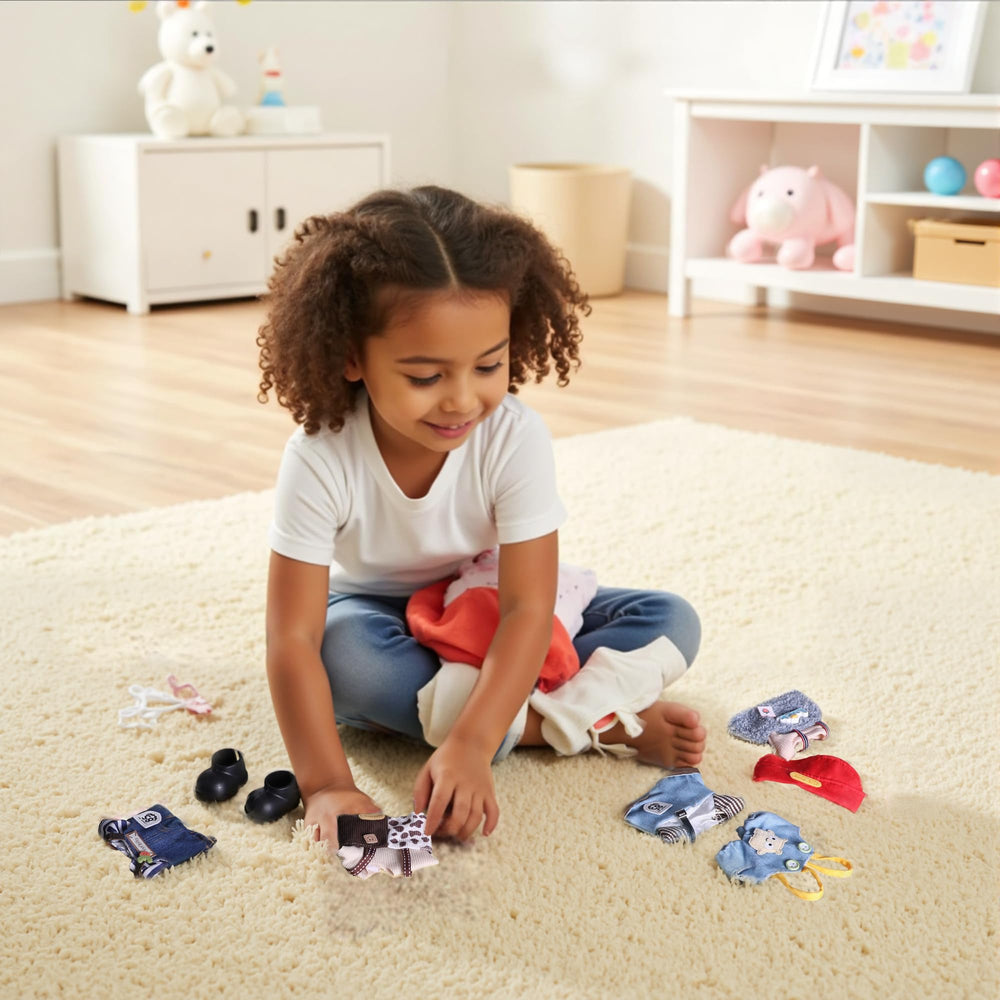 MOVOLIVI bib overalls and shoes complete a ready-to-wear doll outfit