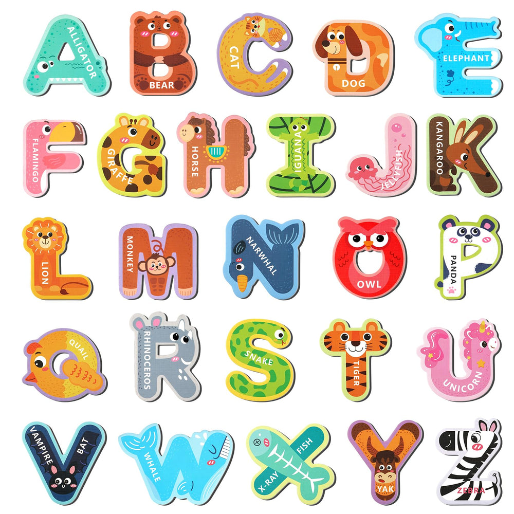 MOWPOG magnetic letters with animal designs promote early literacy on fridges.