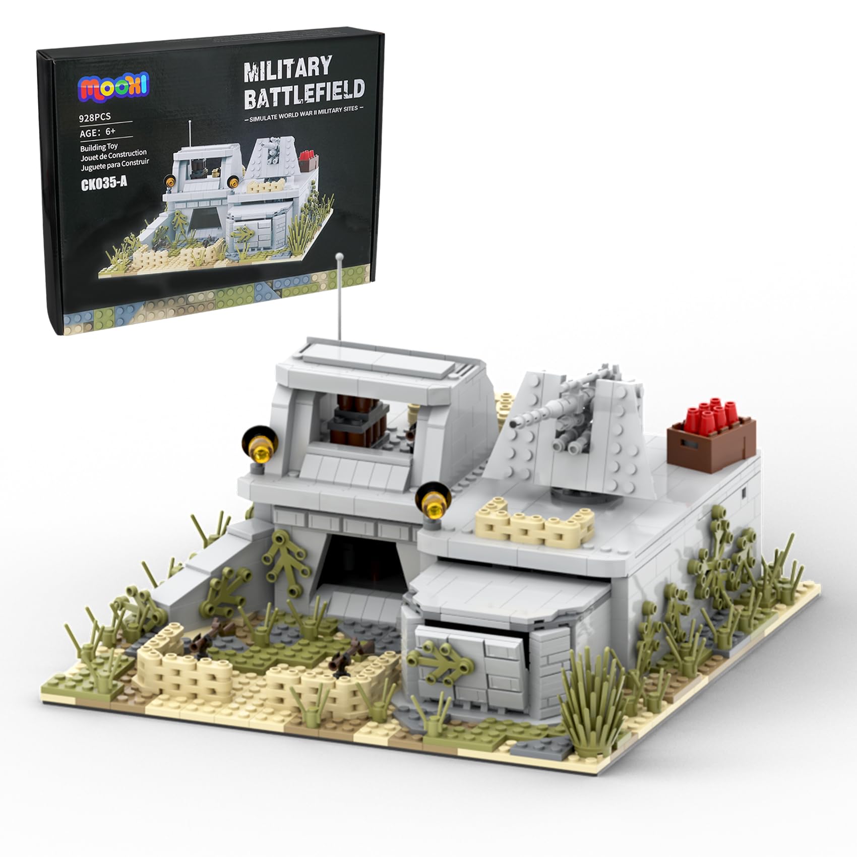 MOOXI WW2 battle fort assembly with 928 pieces for durable, immersive play.