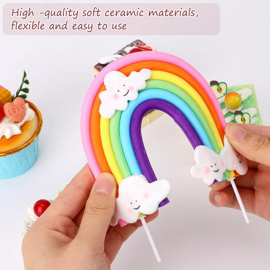 Mozeat Lens handmade polymer clay rainbow topper with clouds, perfect for whimsical party decor.