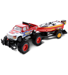 Mozlly monster truck with trailer and boat boosts imaginative play for kids.