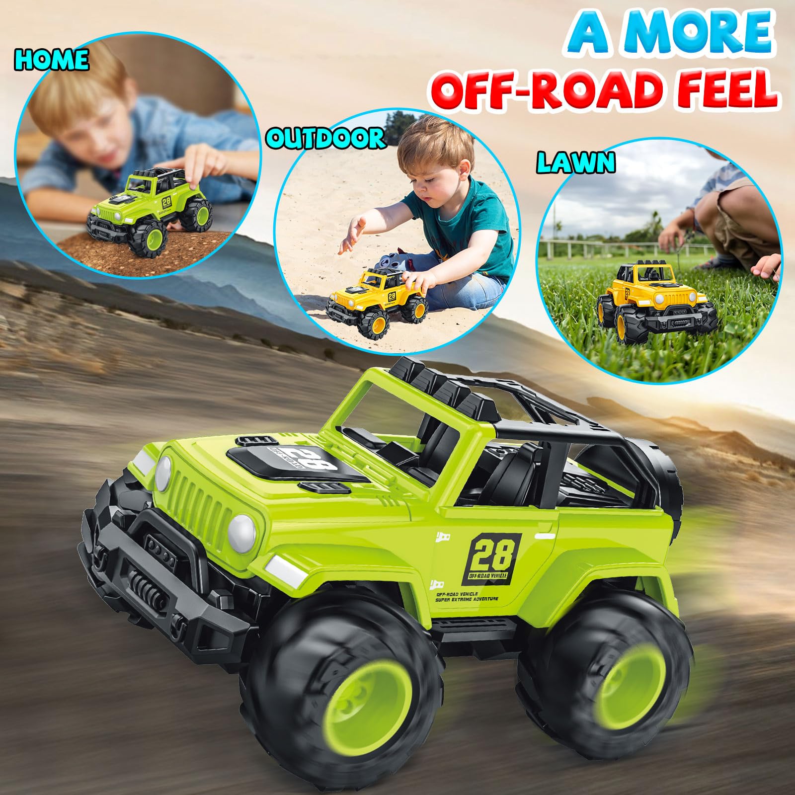MOZXEBOK bright-colored toddler vehicles attract attention and spark imaginative adventures.