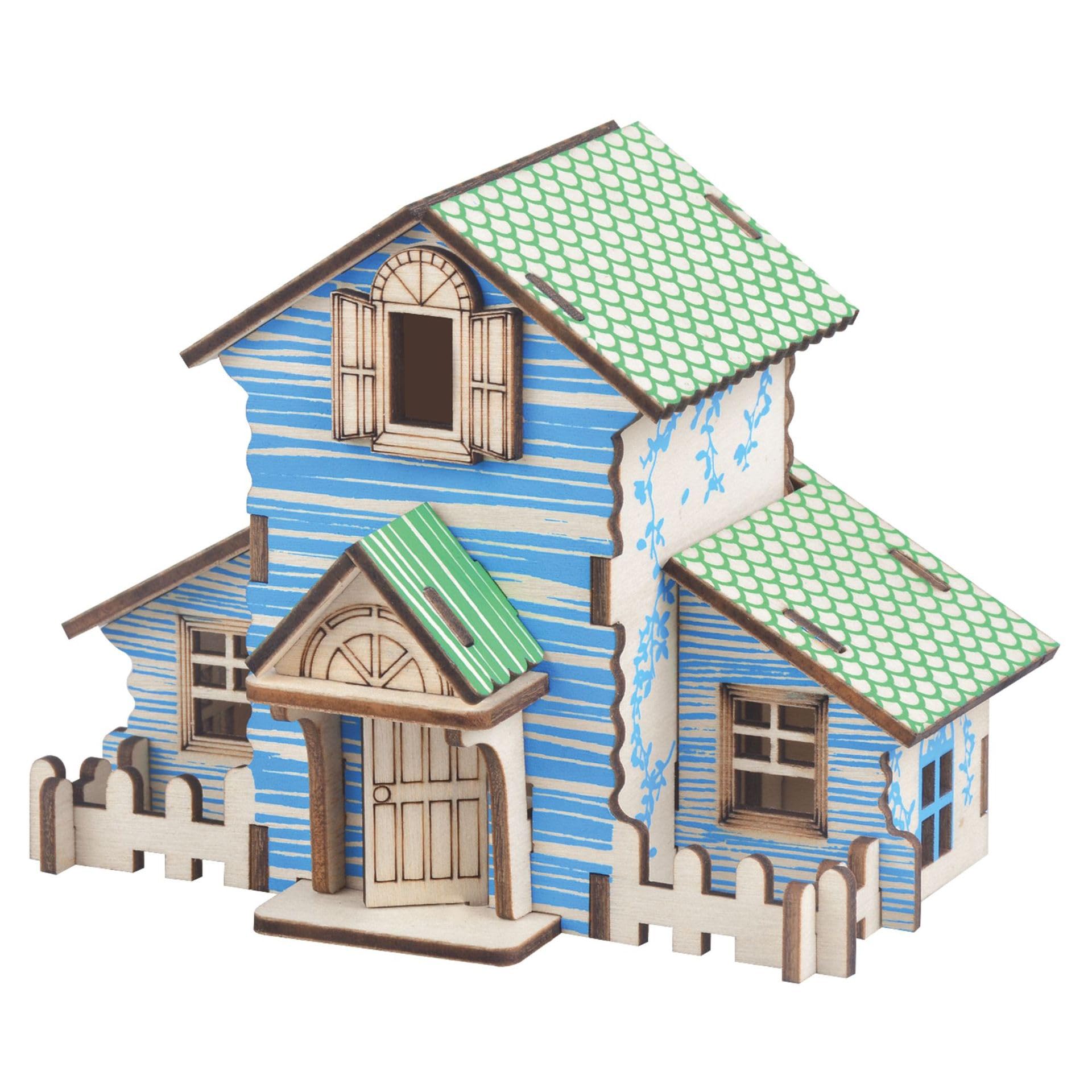 MPIUET blue little house front view, sturdy puzzle for ages 15+.