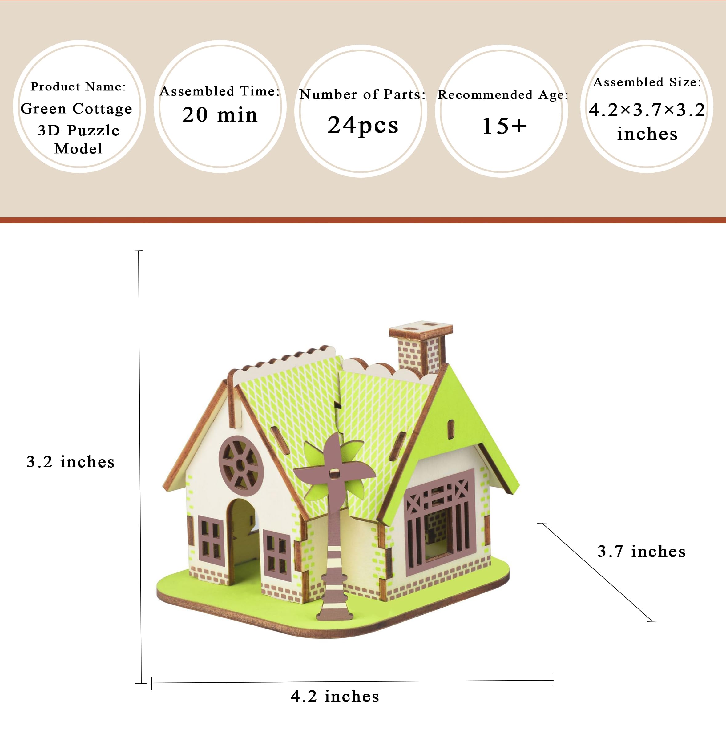 MPIUET green log cabin assembly panel shows clear parts and simple steps.