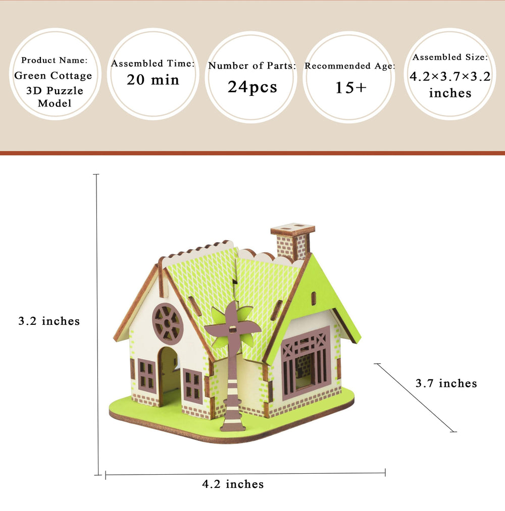 MPIUET green log cabin assembly panel shows clear parts and simple steps.