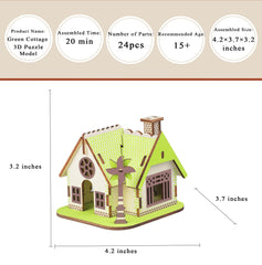 MPIUET green log cabin assembly panel shows clear parts and simple steps.