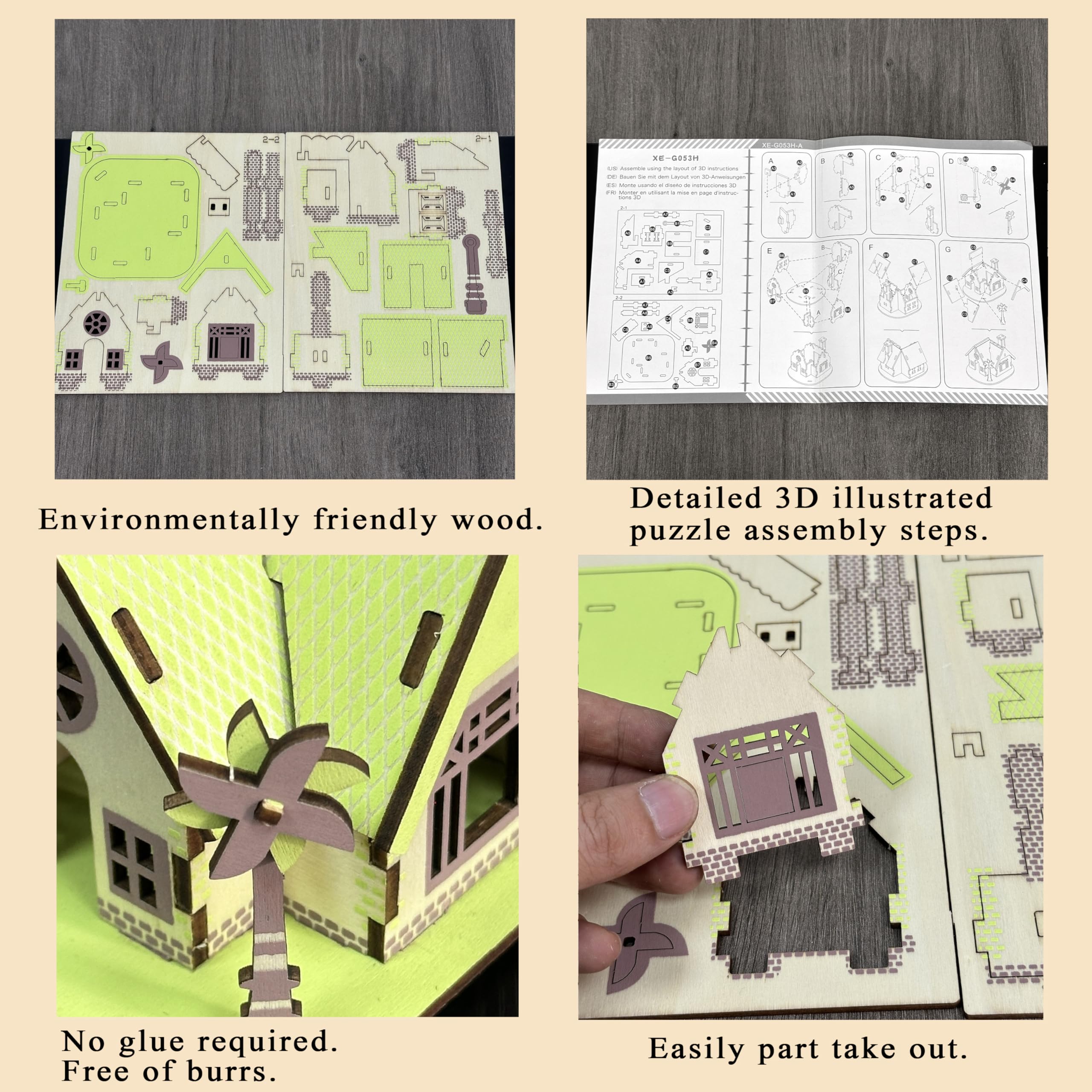 MPIUET green wooden puzzle instruction card facilitates smooth, glue-free building.