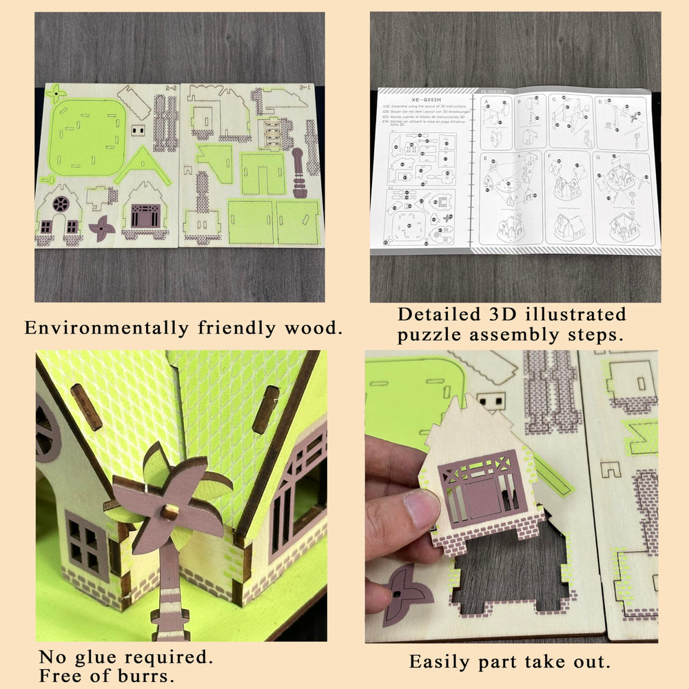 MPIUET green wooden puzzle instruction card facilitates smooth, glue-free building.