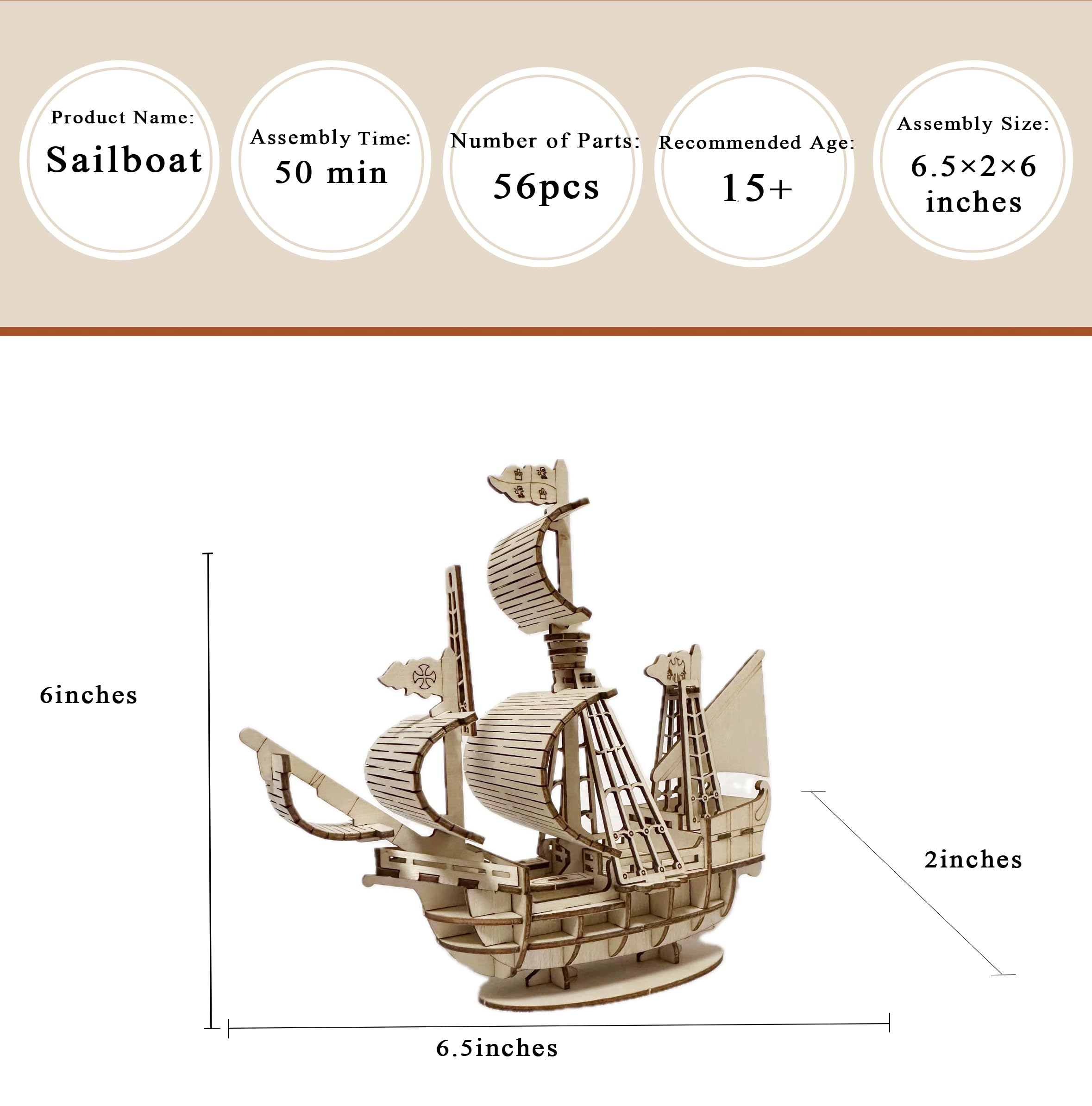 MPIUET sailship model kit side detail highlights laser-cut parts for smooth edges.