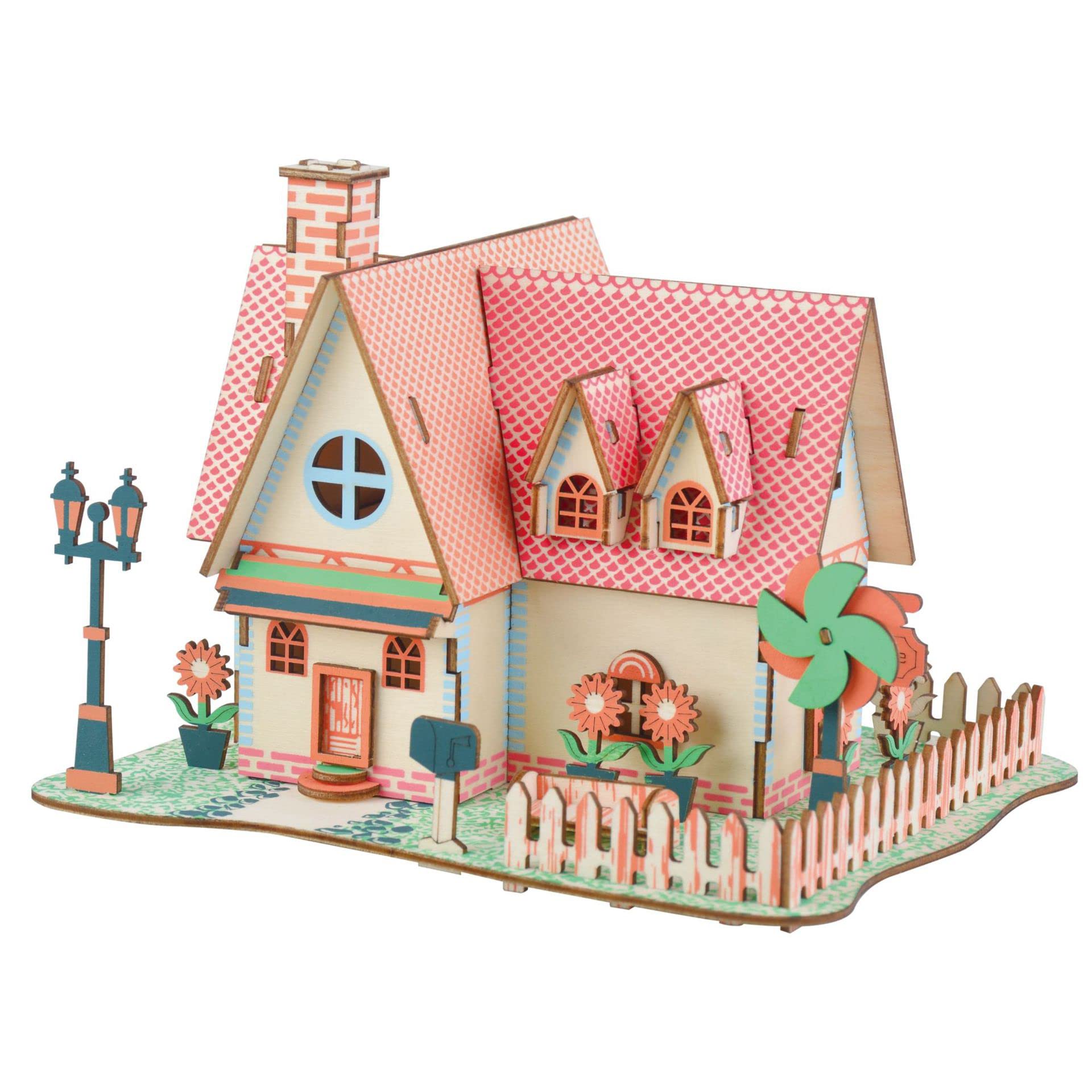 MPIUET Sunflower Manor front view shows the completed wooden 3D puzzle ready for display.