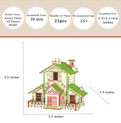MPIUET wooden 3D puzzle forest cabin parts laid out for building