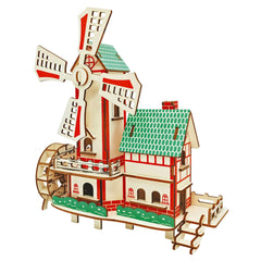 MPIUET Windmill Cottage puzzle front view highlights eco-friendly wood and laser-cut precision