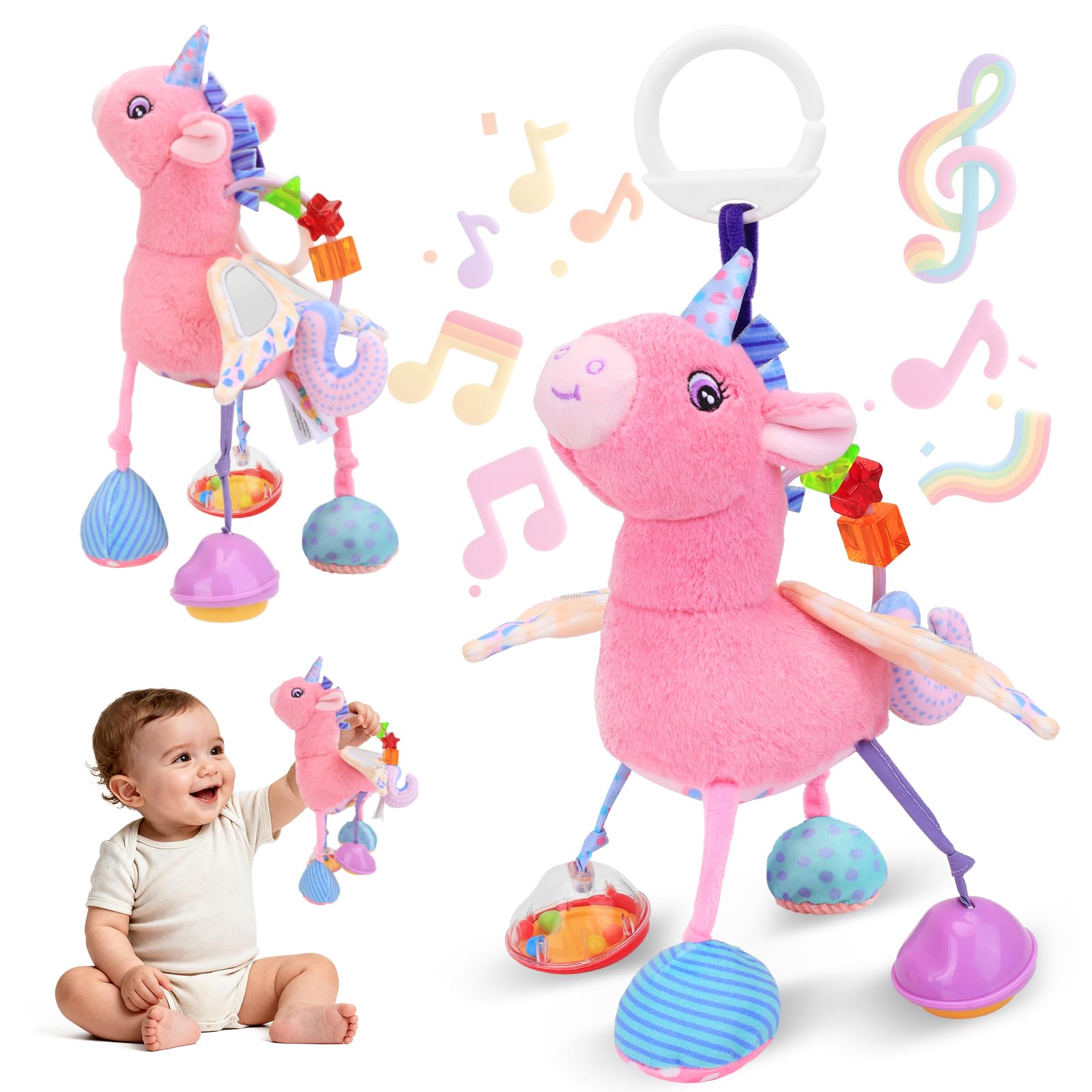 MPQMPQ car seat hanging unicorn toy with mirror assists early visual tracking.