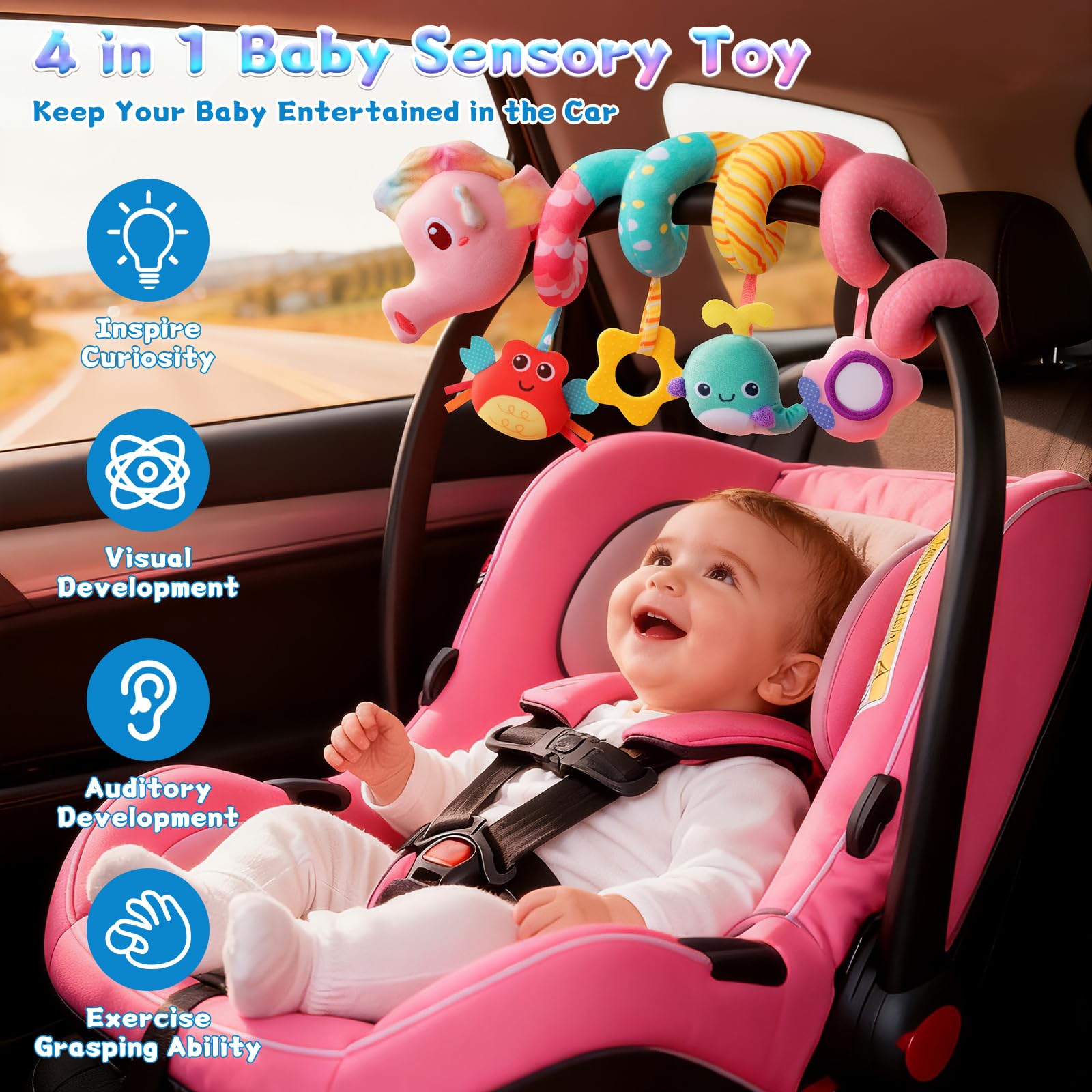 MPQMPQ car seat toy seahorse mirror helps engage visual tracking for babies.