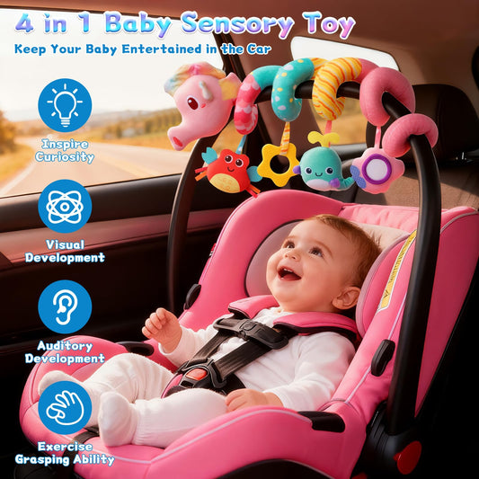 MPQMPQ car seat toy seahorse mirror helps engage visual tracking for babies.