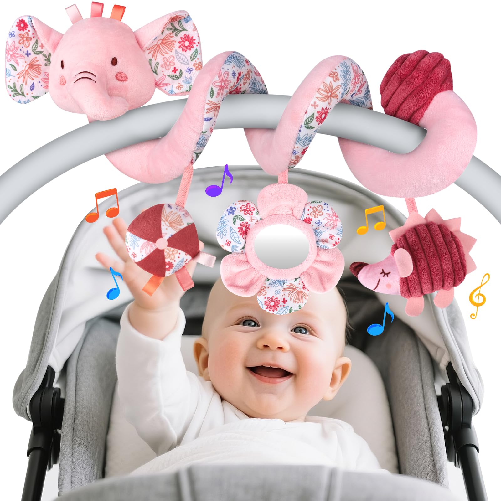 MPQMPQ hanging car seat toy with elephant design stimulates grasping and sensory exploration