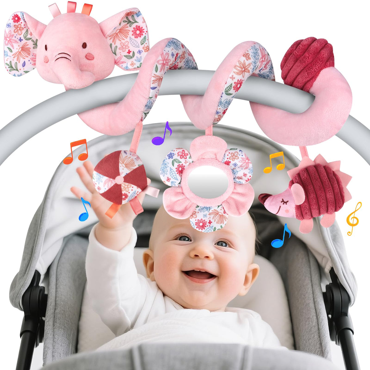 MPQMPQ hanging car seat toy with elephant design stimulates grasping and sensory exploration
