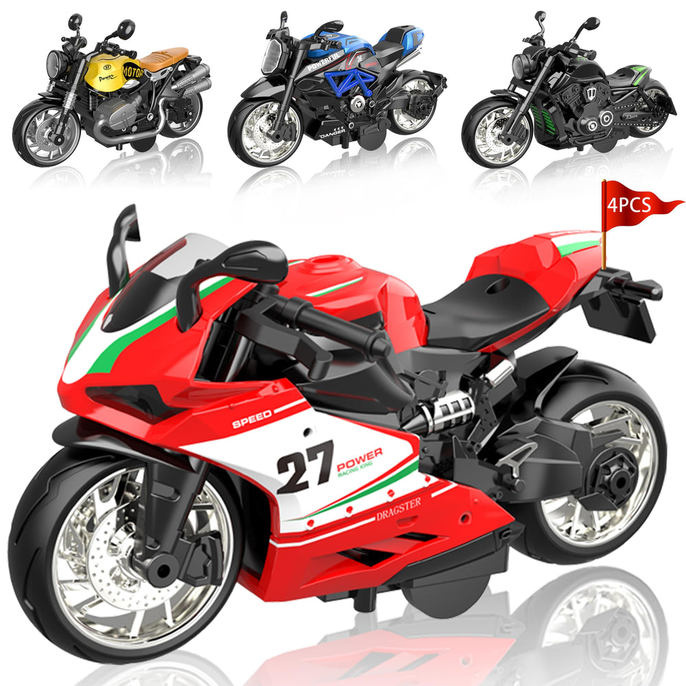 MQDMINI pullback motorcycle toy front view with alloy body and headlights for engaging play