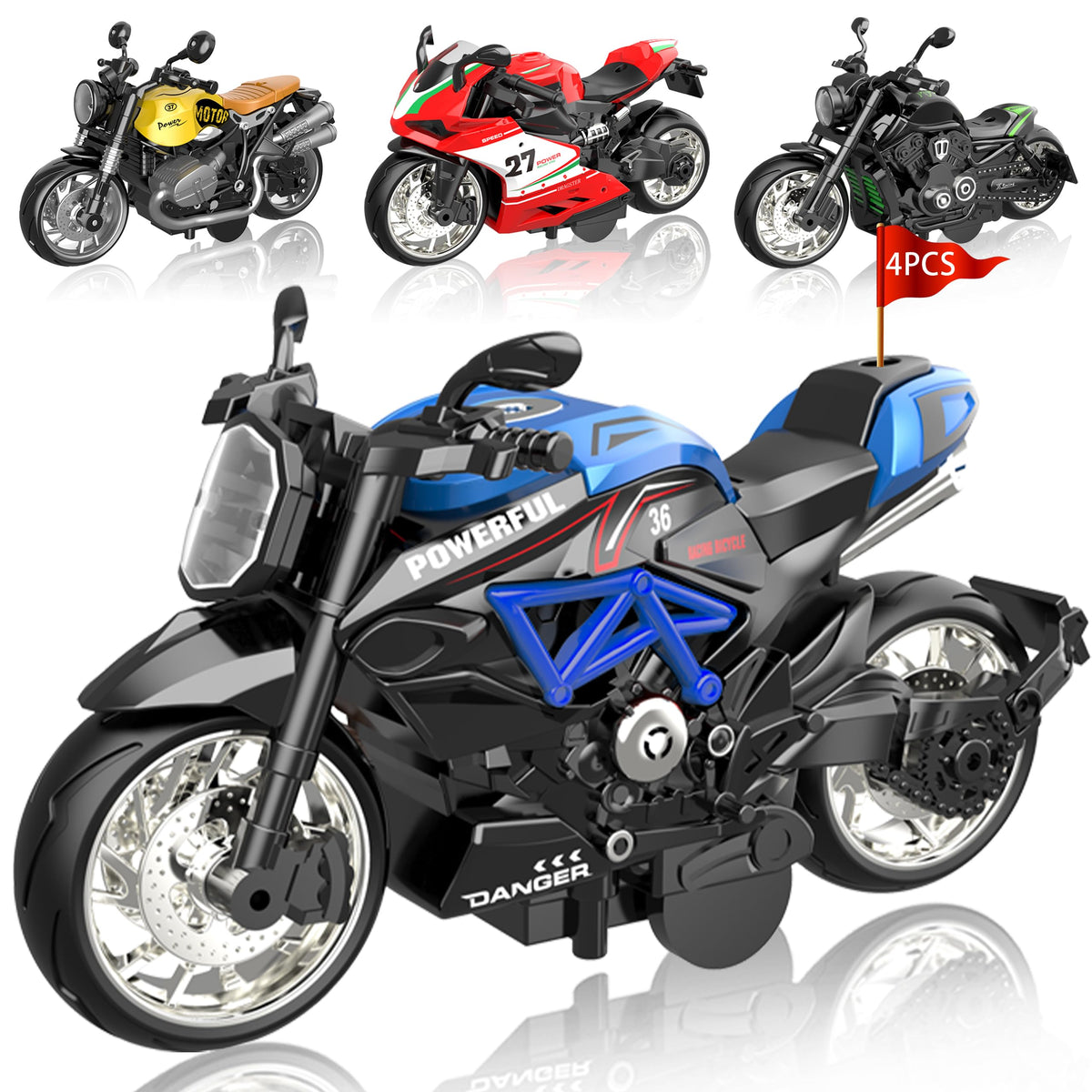 MQDMINI four-pack pull-back motorcycle toy set with no batteries for on-the-go play