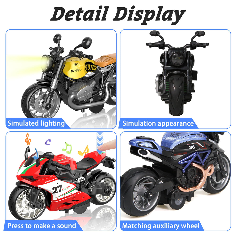 MQDMINI pull-back motorcycle toy features sounds to boost imaginative play