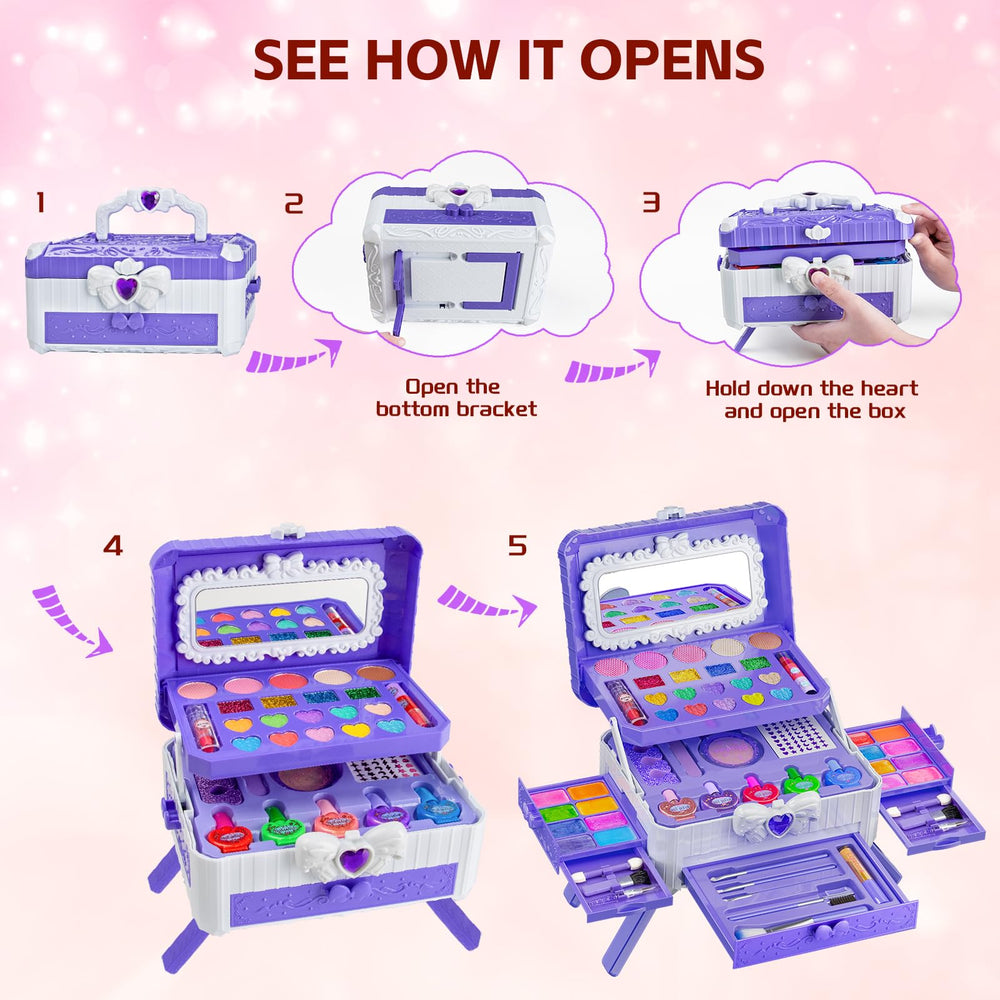 Mqsiuve makeup brushes and accessories invite playful dress-up and fine motor practice