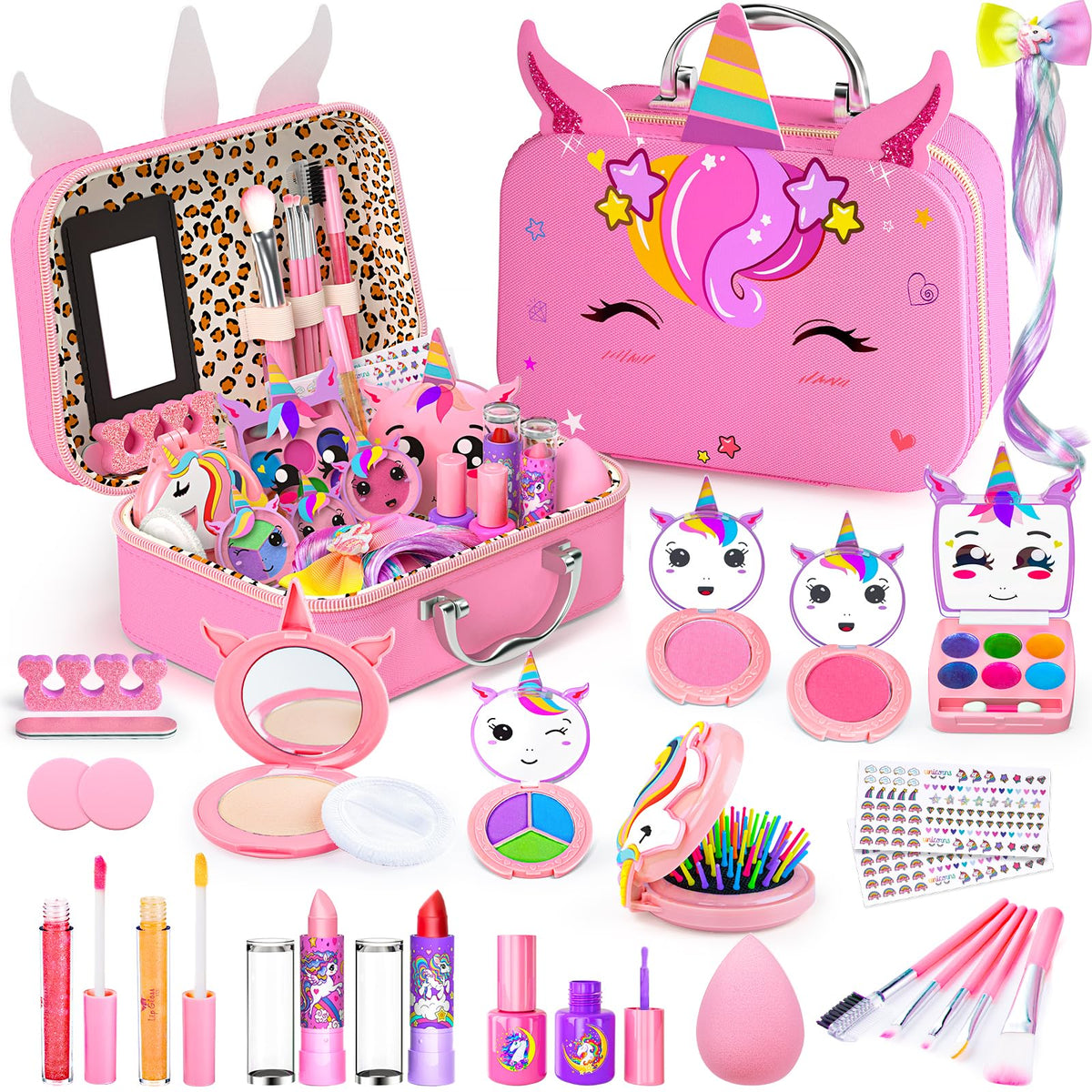 Mqsiuve kids makeup kit pink carry case with mirror for organized pretend play