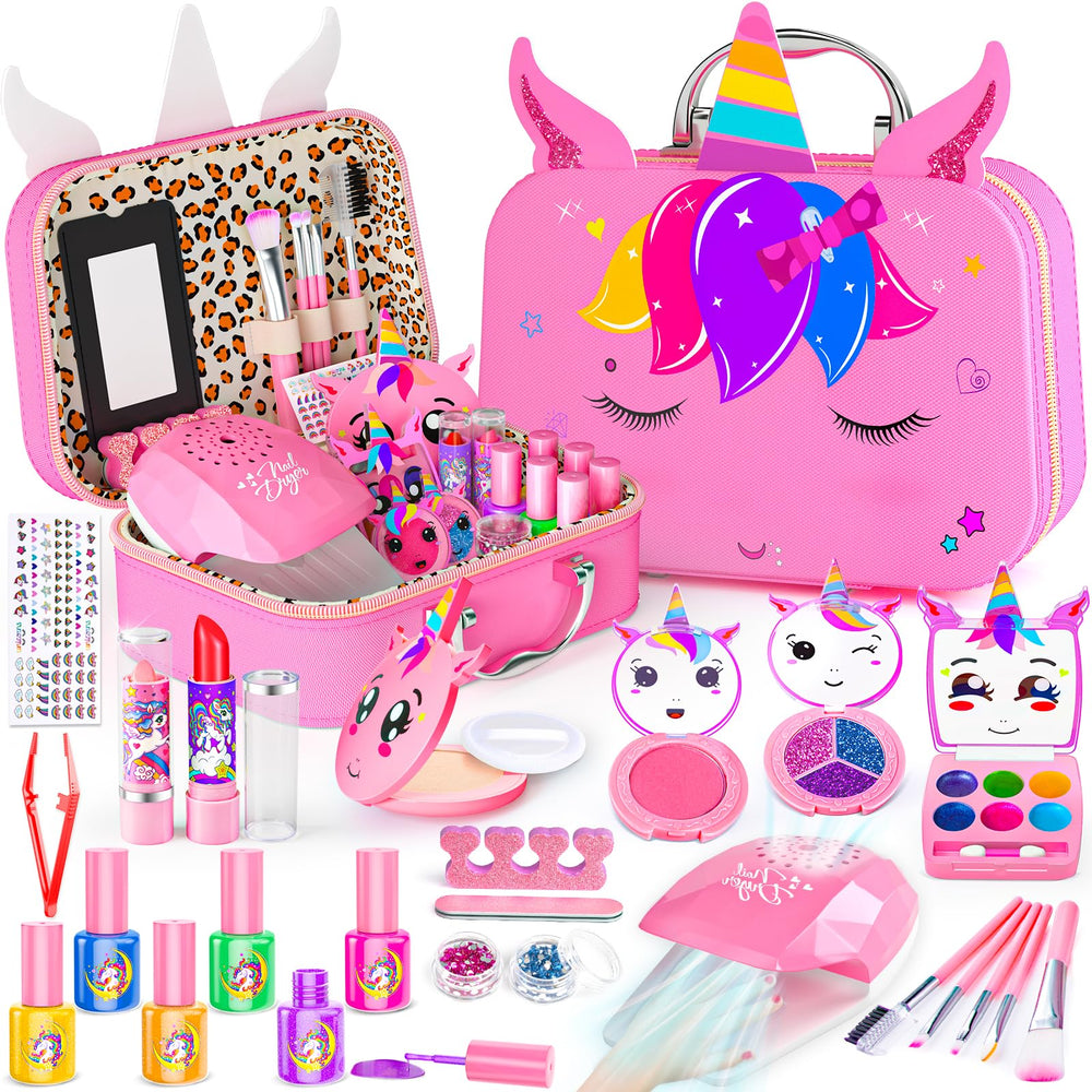 Mqsiuve Kids Makeup Kit shows unicorn-case open for organized pretend play and creativity