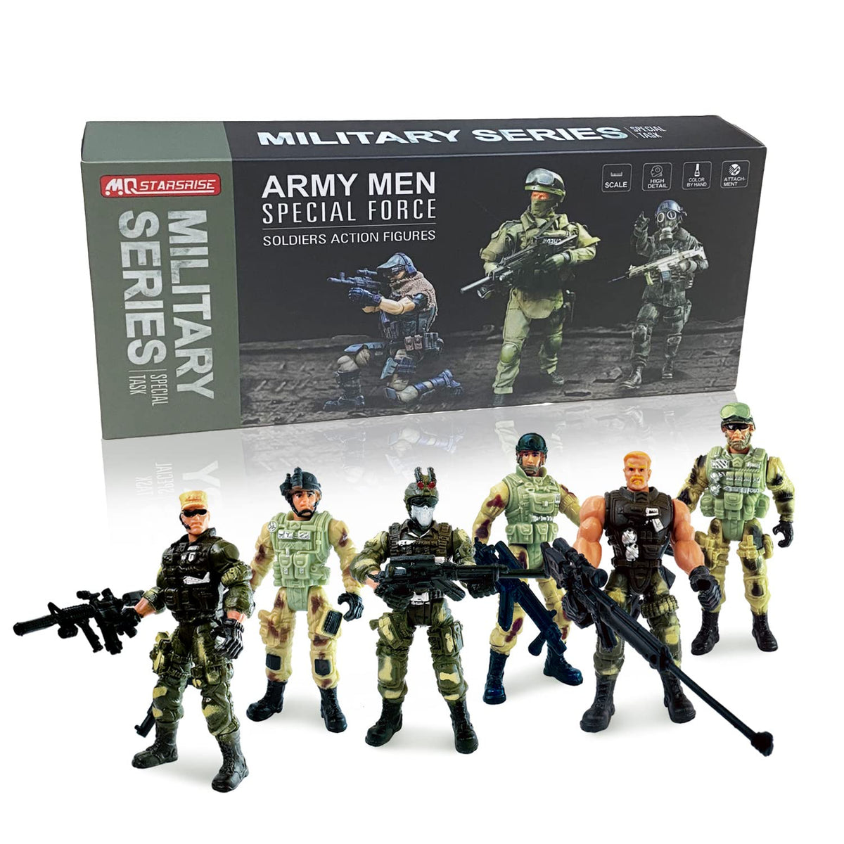 MQSTARSRISE army men figure pose demonstrates detachable joints for versatile play.