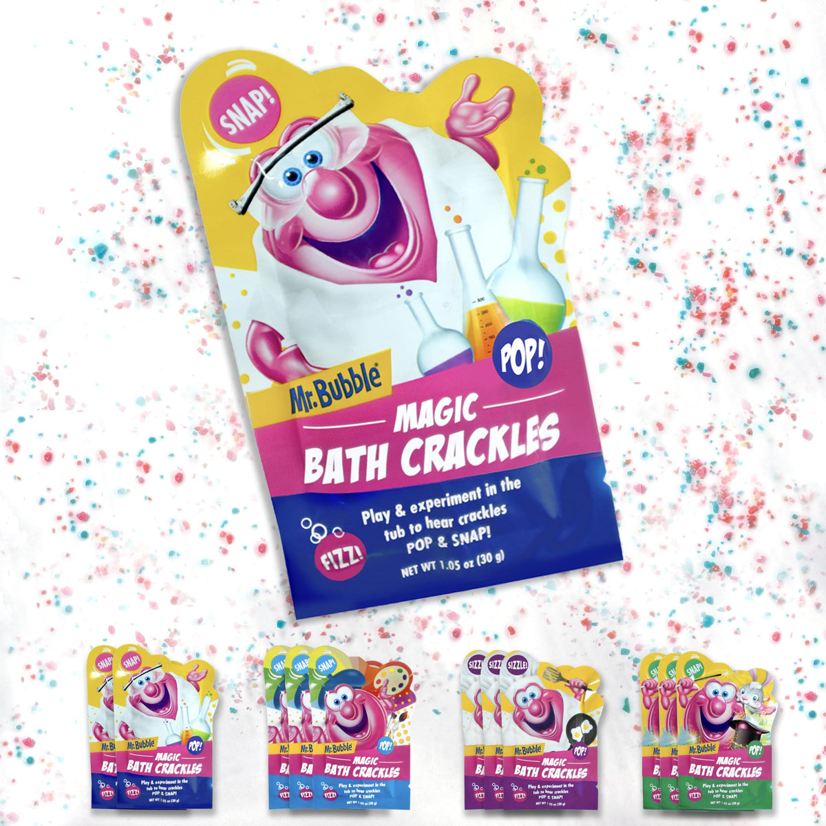 Mr. Bubble Magic Bath Crackles add colorful pops to bath time for kids.