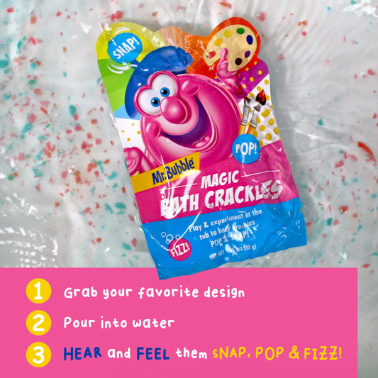 Mr. Bubble Magic Bath Crackles deliver fizzy snaps to spark imagination during baths.
